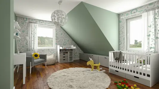 Flair-113-Kinderzimmer Kinderzimmer mit Fenstergaube.