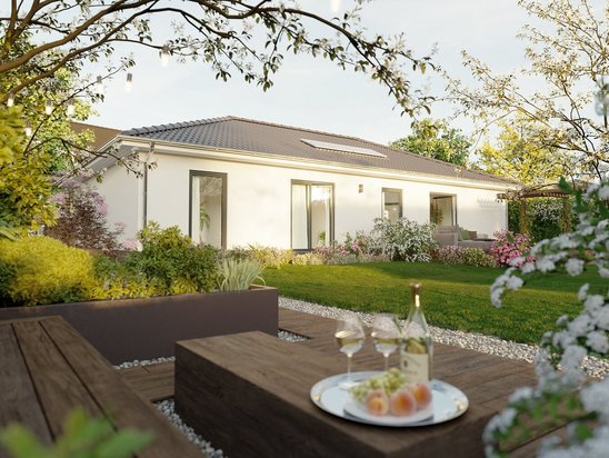 Modern wohnen im Aktionshaus Bungalow ERA 131 Der Bungalow ERA 131 mit Terrasse und Gartenansicht – ein Aktionshaus mit Vollausstattung und cleverem Grundriss