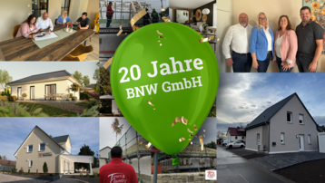 Collage mit Erinnerungen aus 20 Jahren: Musterhäuser, Familienunternehmen und Hausübergaben.